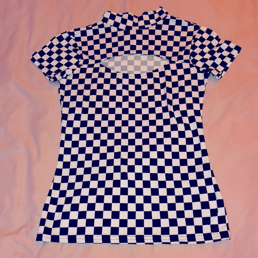 Checker board shirt.